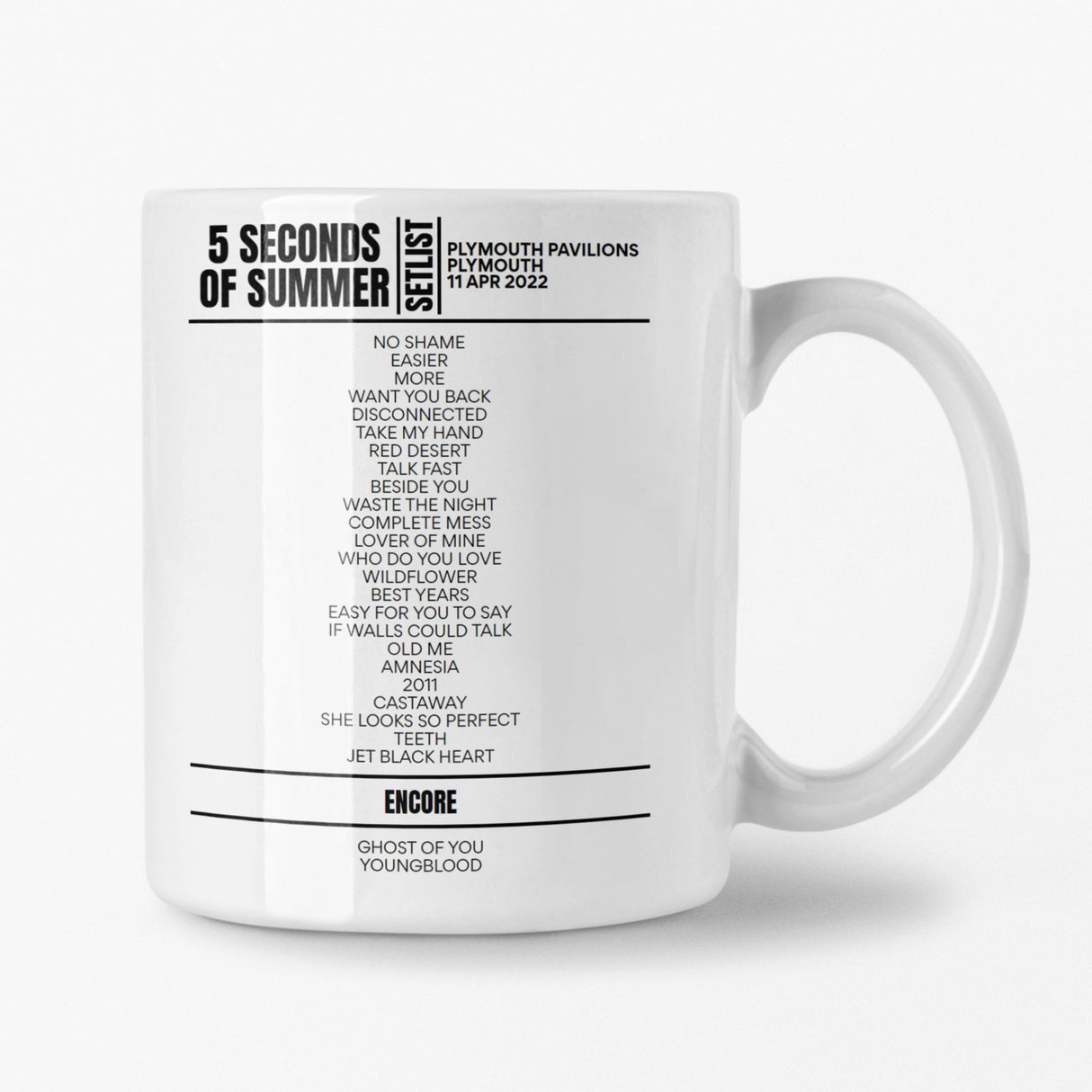 5 Seconds Of Summer Plymouth 11 April 2022 Setlist Mug - Setlist