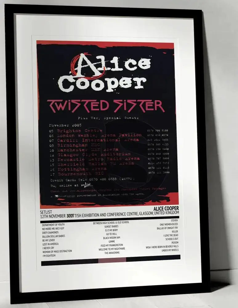 Alice Cooper Dirty Diamonds Scottish Exhibition and Conference Centre Glasgow 12th November 2005 - Setlist Tour Poster - Setlist