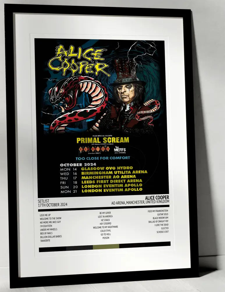 Alice Cooper Too Close for Comfort AO Arena Manchester 17th October 2024 - Setlist Tour Poster - Setlist