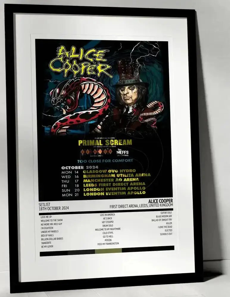 Alice Cooper Too Close for Comfort First Direct Arena Leeds 18th October 2024 - Setlist Tour Poster - Setlist