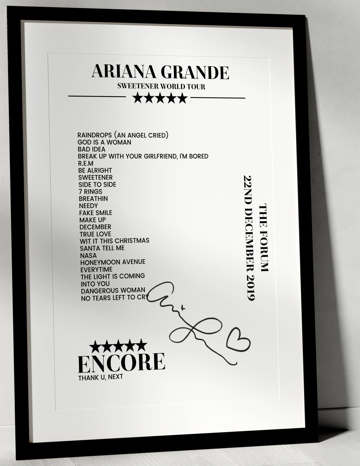 Ariana Grande 22nd December 2019 The Forum Inglewood Setlist Poster - Setlist