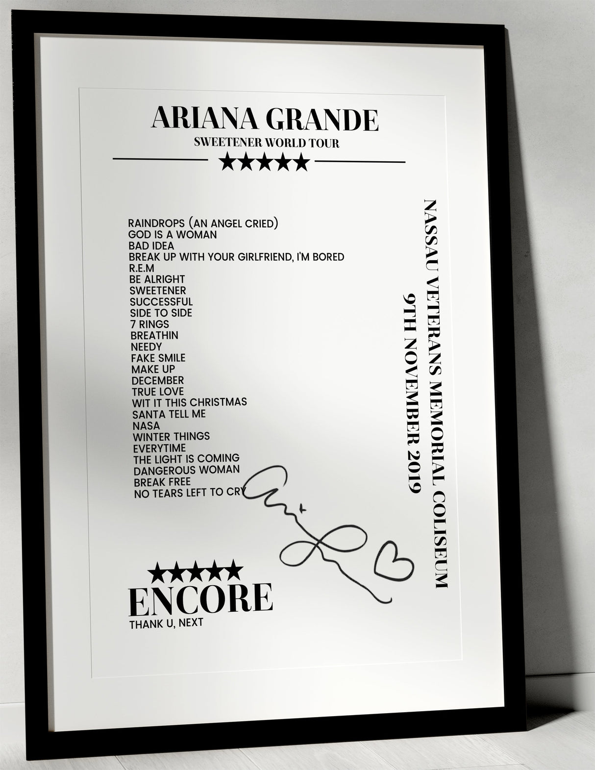 Ariana Grande 9th November 2019 Nassau Veterans Memorial Coliseum Uniondale Setlist Poster - Setlist