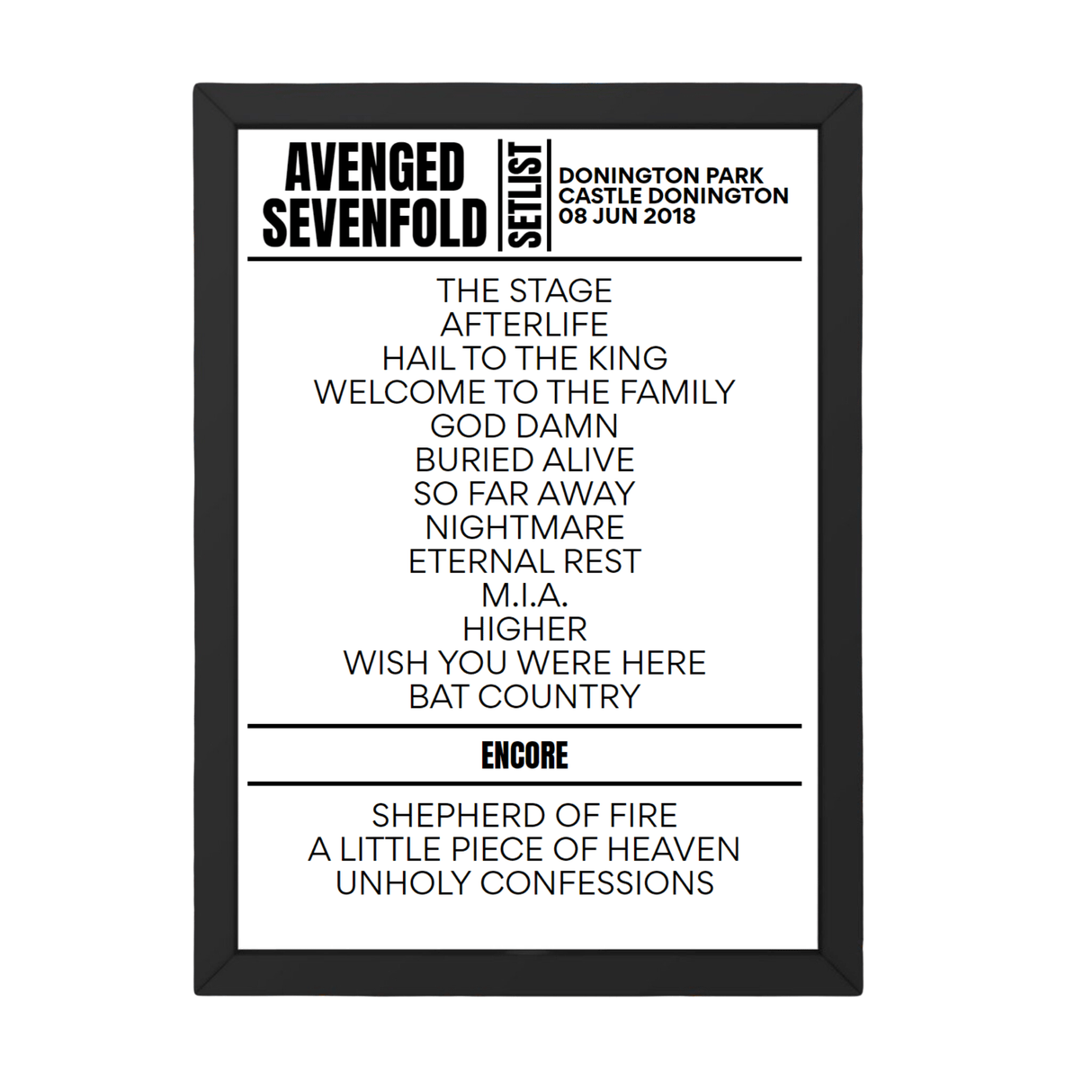 Avenged Sevenfold Download Festival 2018 Replica Setlist - Setlist