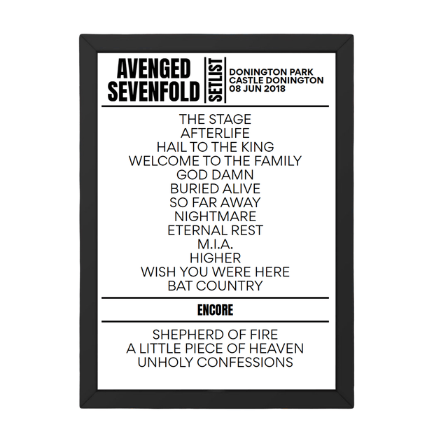 Avenged Sevenfold Download Festival 2018 Replica Setlist - Setlist