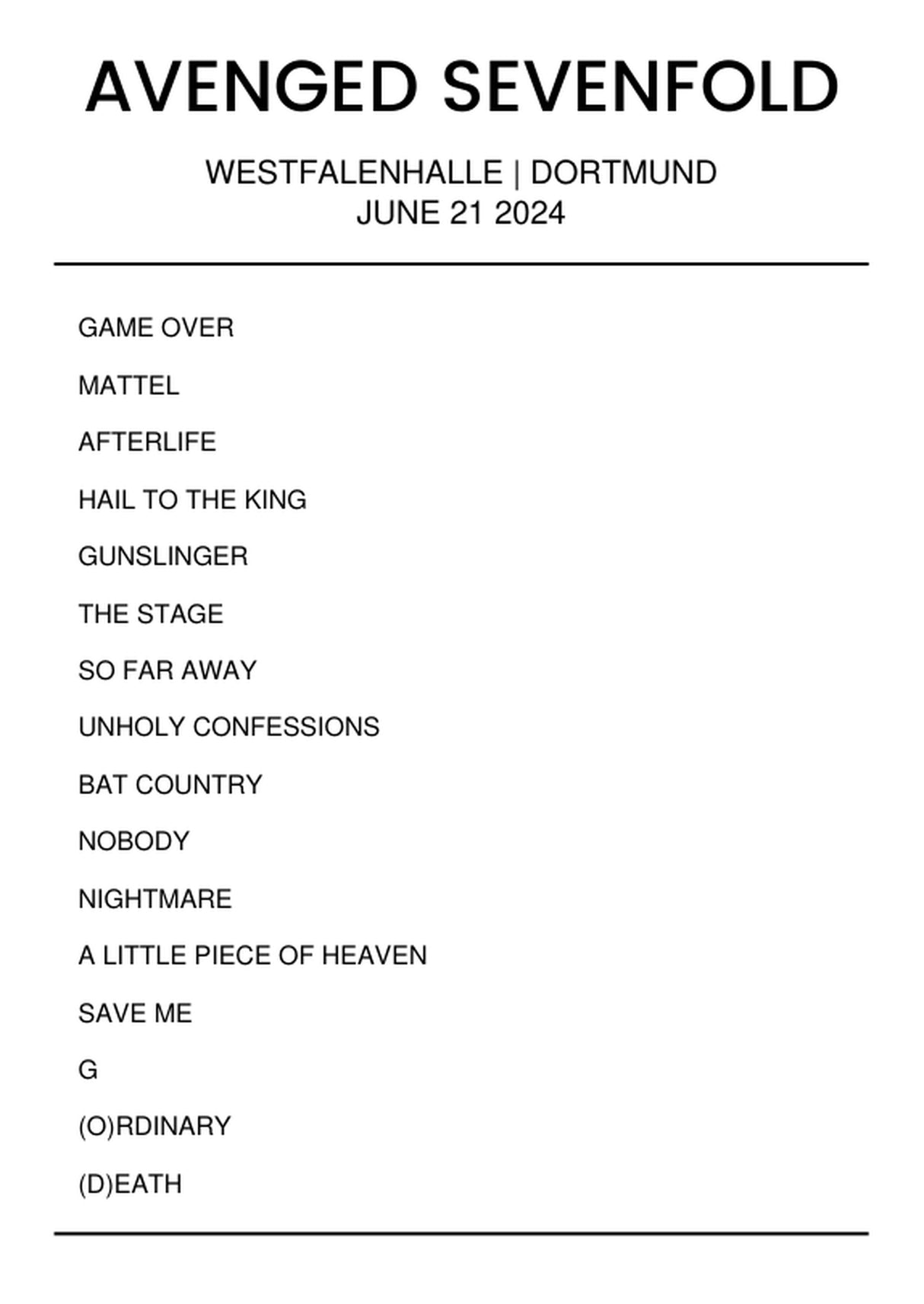 Avenged Sevenfold June 21, 2024 Westfalenhalle Dortmund Setlist Poster - Setlist