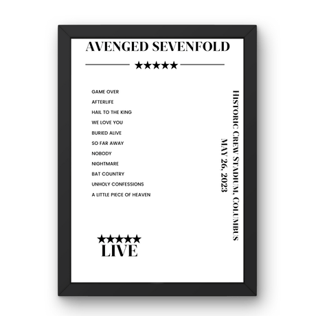 Avenged Sevenfold May 26, 2023 Historic Crew Stadium Columbus Setlist Poster - Setlist