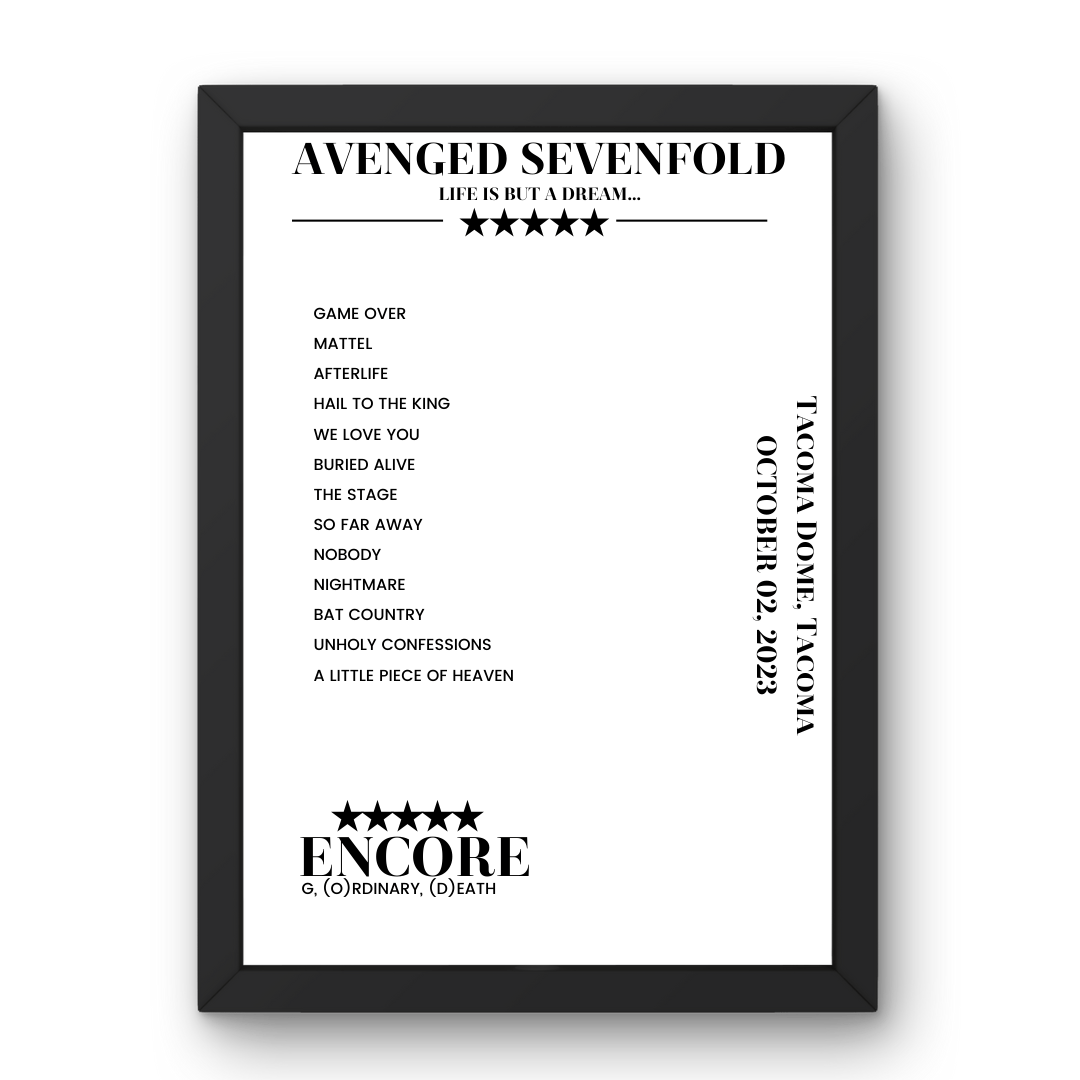 Avenged Sevenfold October 02, 2023 Tacoma Dome Tacoma Setlist Poster - Setlist