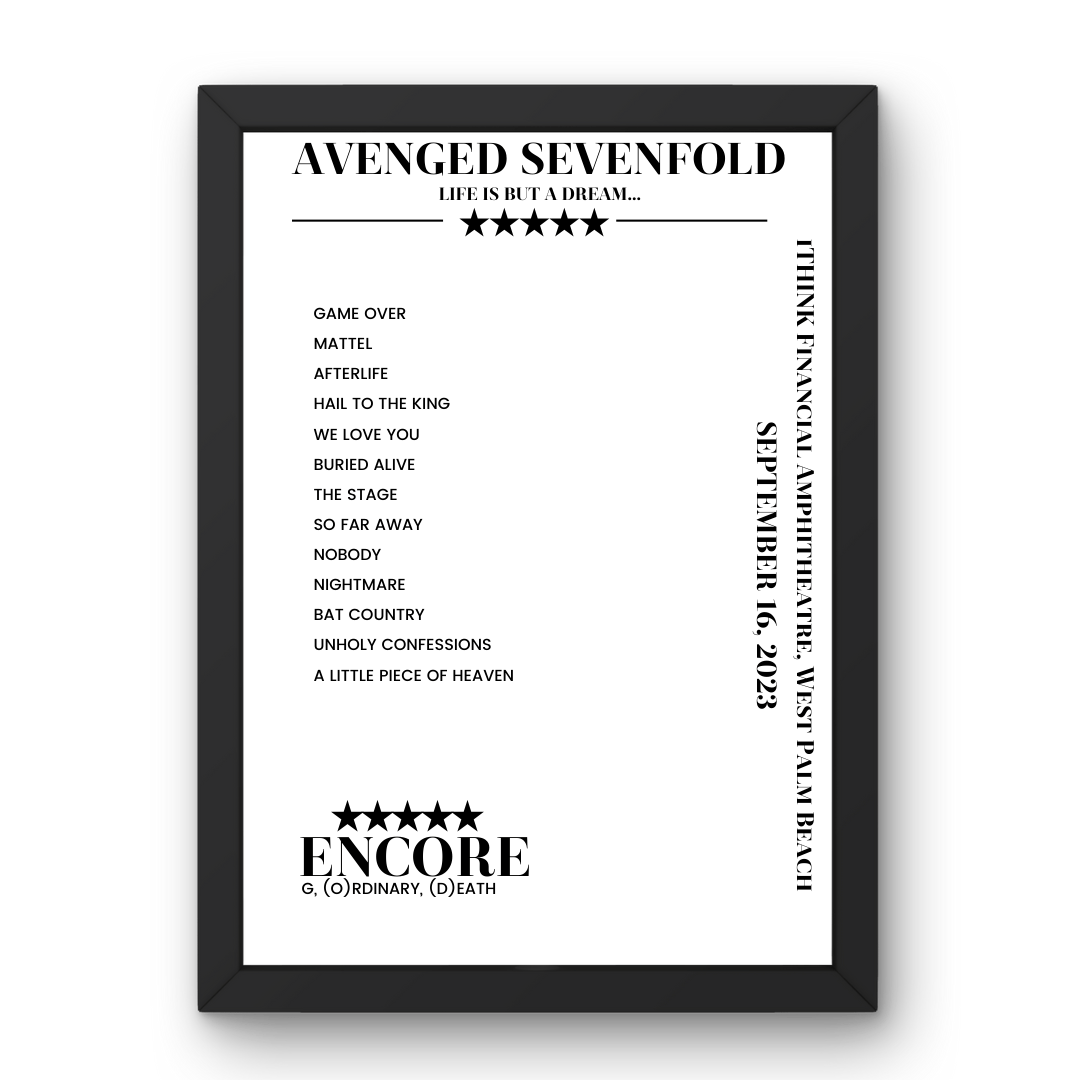 Avenged Sevenfold September 16, 2023 iTHINK Financial Amphitheatre West Palm Beach Setlist Poster - Setlist