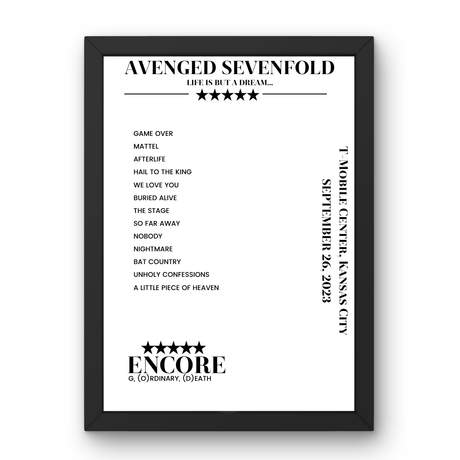 Avenged Sevenfold September 26, 2023 T - Mobile Center Kansas City Setlist Poster - Setlist