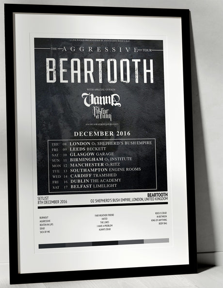 Beartooth The Aggressive Tour O2 Shepherd's Bush Empire London 8th December 2016 - Setlist Tour Poster - Setlist