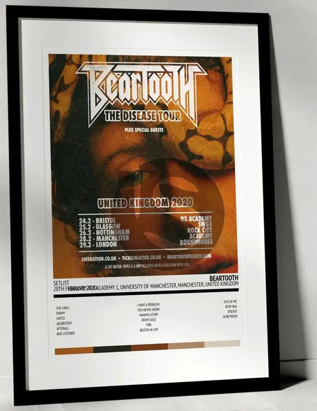 Beartooth The Disease Tour Manchester Academy 1, University of Manchester Manchester 28th February 2020 - Setlist Tour Poster - Setlist