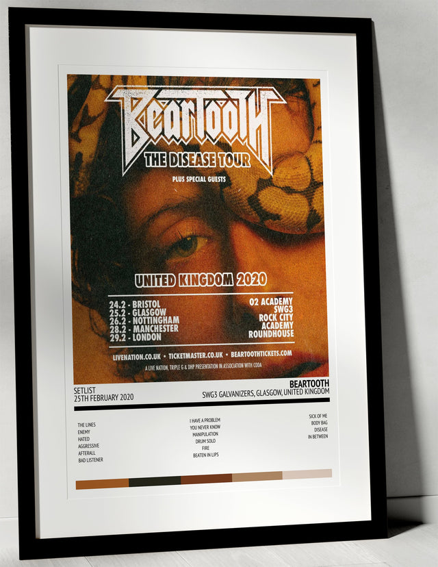 Beartooth The Disease Tour SWG3 Galvanizers Glasgow 25th February 2020 - Setlist Tour Poster - Setlist