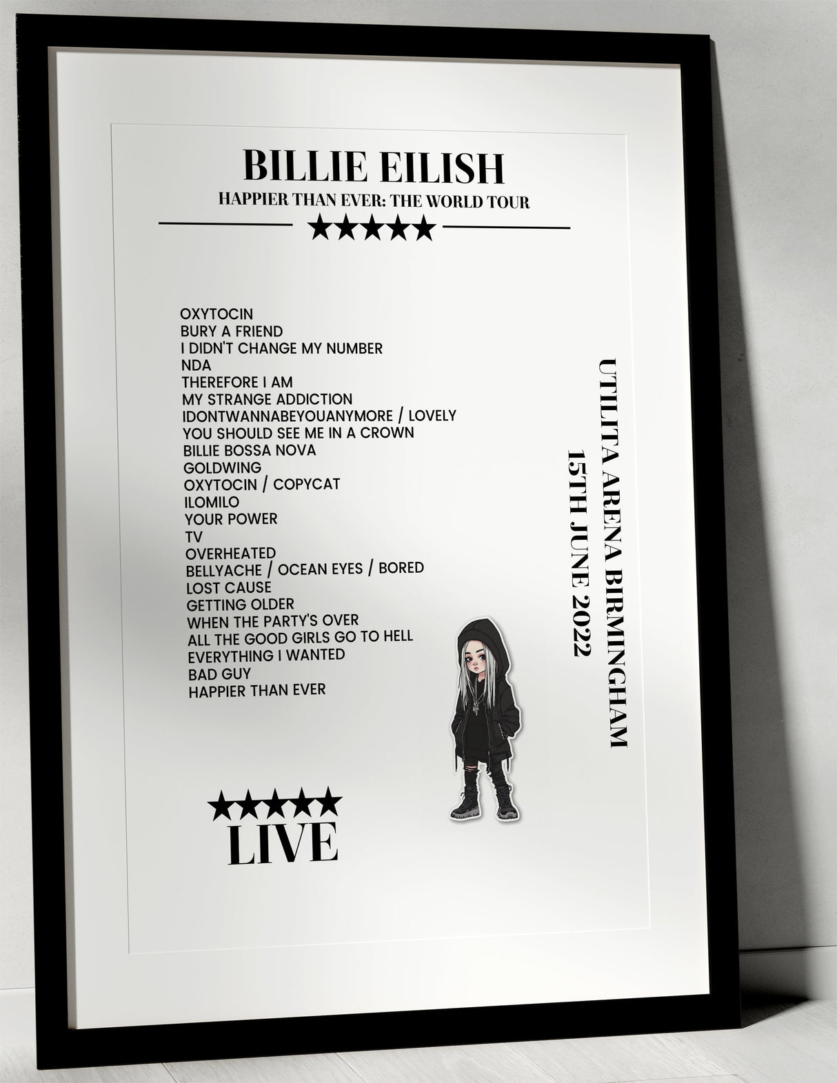 Billie Eilish 15th June 2022 Utilita Arena Birmingham Birmingham Setlist Poster - Setlist