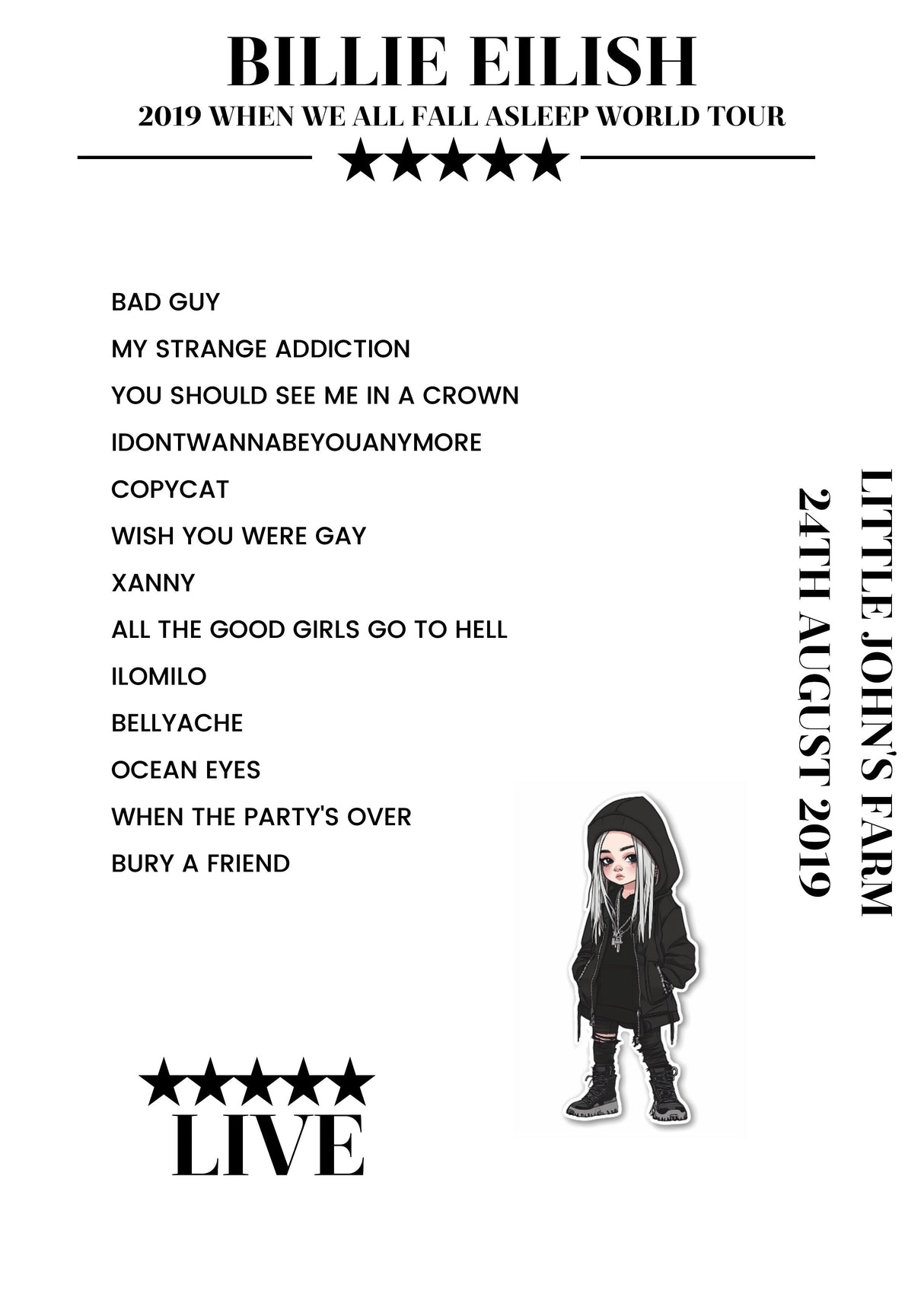 Billie Eilish 24th August 2019 Little John's Farm Reading Setlist Poster - Setlist