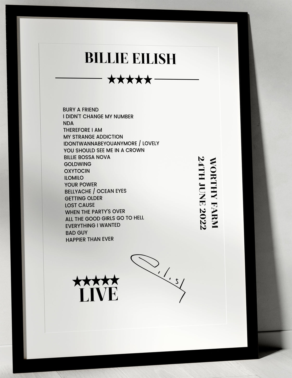 Billie Eilish 24th June 2022 Worthy Farm Pilton Setlist Poster - Setlist