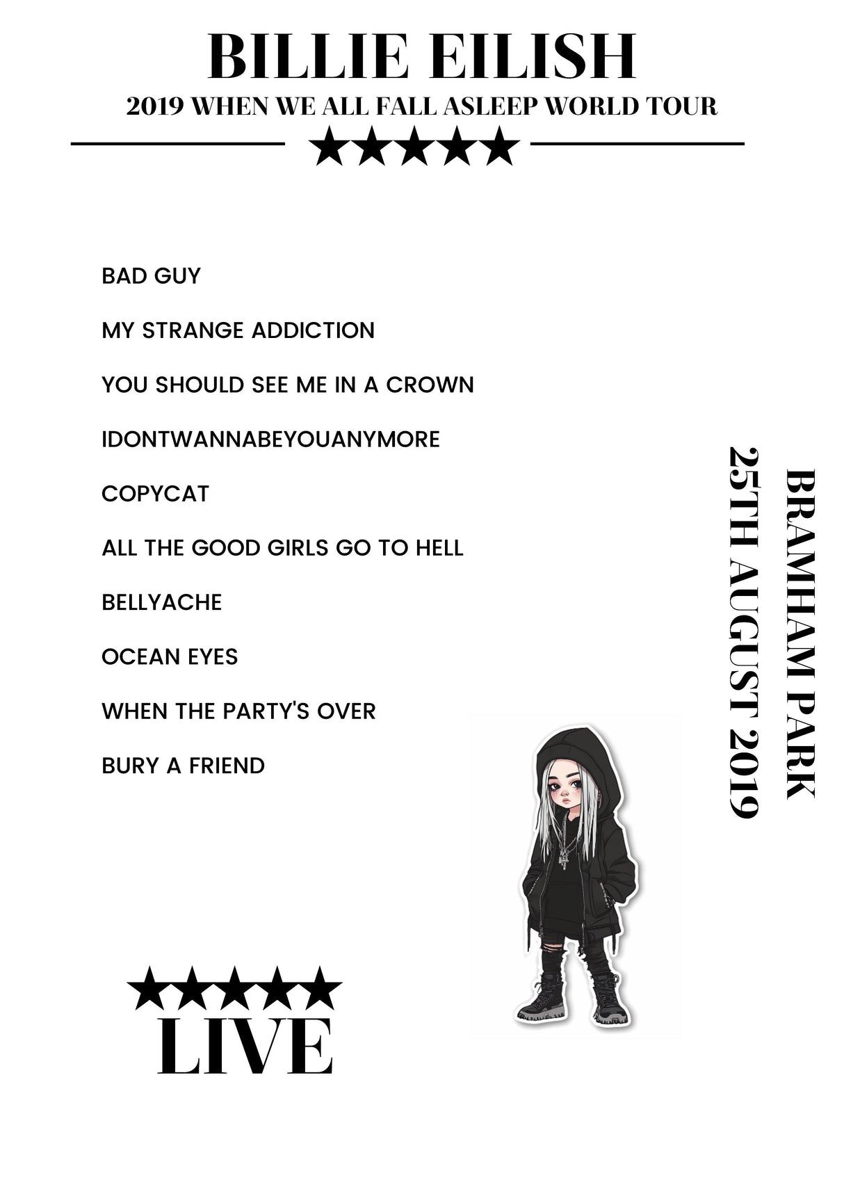 Billie Eilish 25th August 2019 Bramham Park Leeds Setlist Poster - Setlist