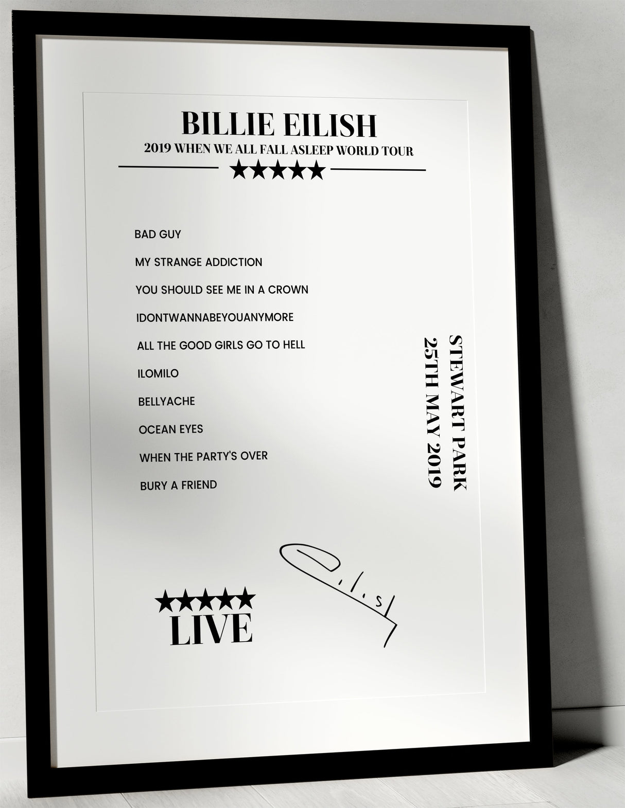 Billie Eilish 25th May 2019 Stewart Park Middlesbrough Setlist Poster - Setlist