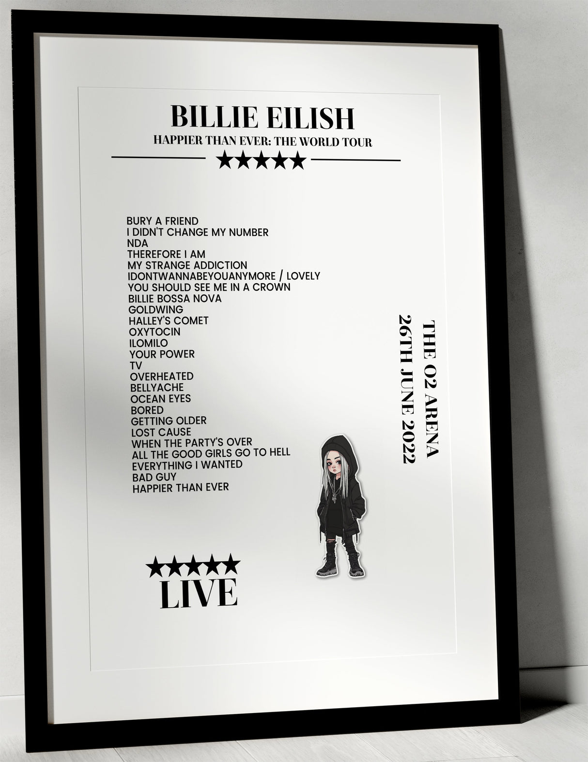 Billie Eilish 26th June 2022 The O2 Arena London Setlist Poster - Setlist