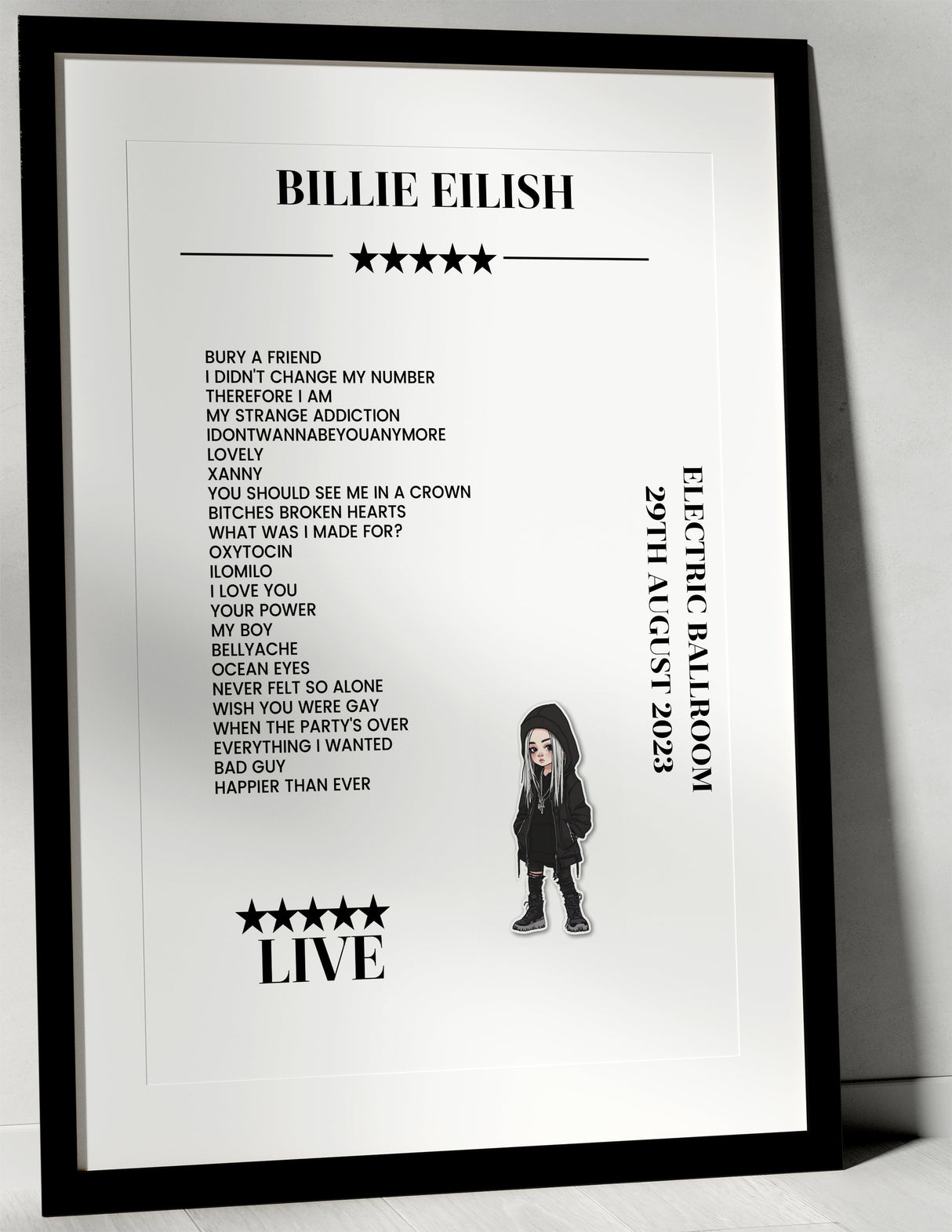 Billie Eilish 29th August 2023 Electric Ballroom London Setlist Poster - Setlist