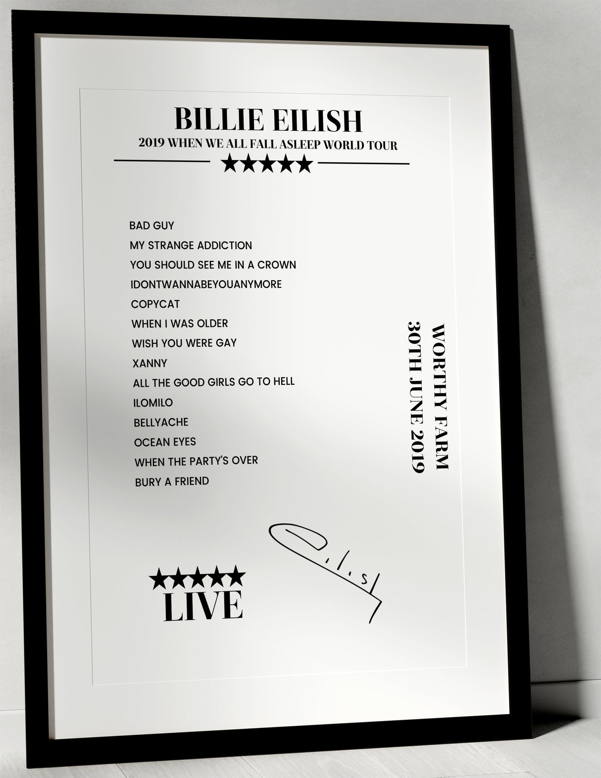 Billie Eilish 30th June 2019 Worthy Farm Pilton Setlist Poster - Setlist