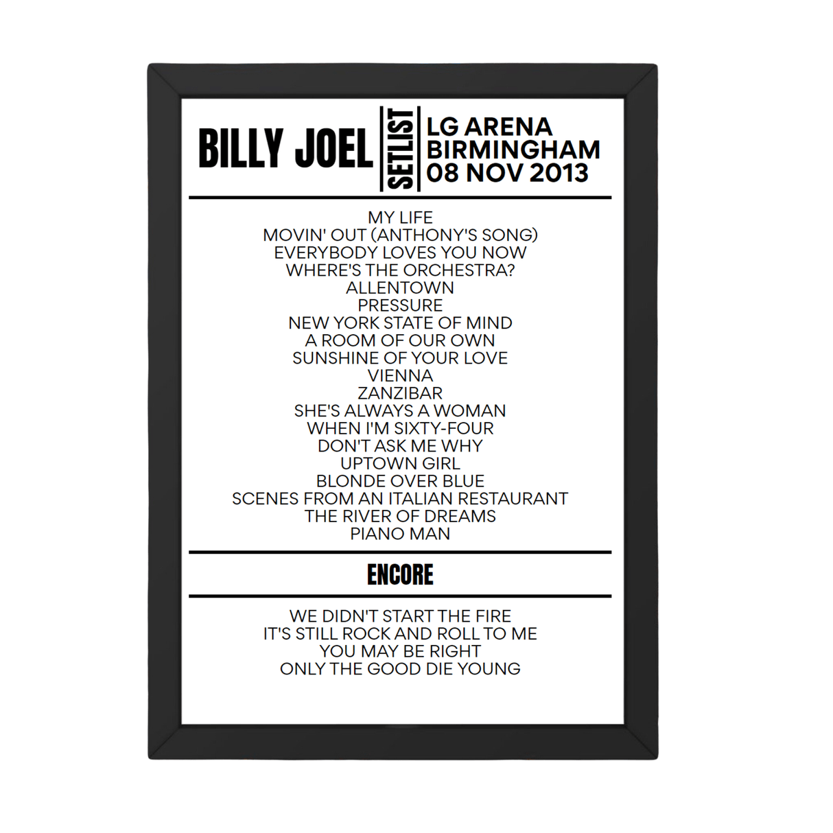 Billy Joel Birmingham November 08, 2013 Setlist Poster - Setlist