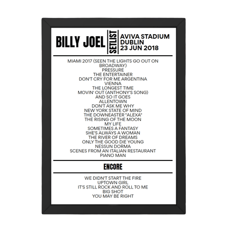 Billy Joel Dublin June 23, 2018 Setlist Poster - Setlist