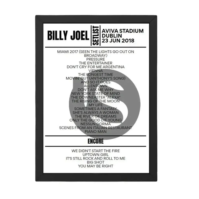 Billy Joel Dublin June 23, 2018 Setlist Poster - Setlist