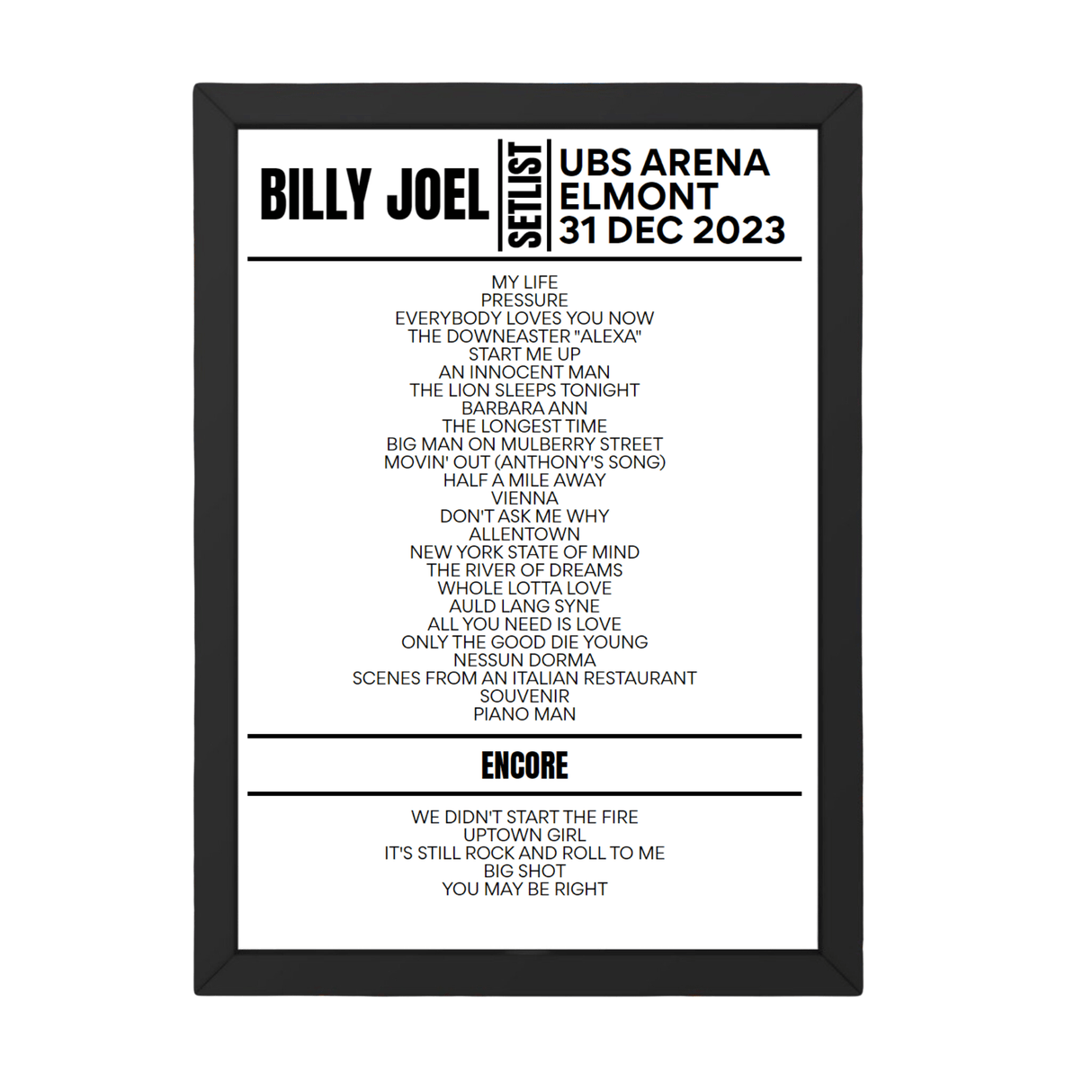 Billy Joel Elmont December 31, 2023 Setlist Poster - Setlist