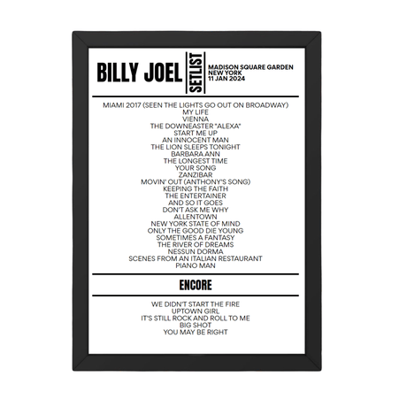 Billy Joel Madison Square Garden New York January 11, 2024 Setlist Poster - Setlist