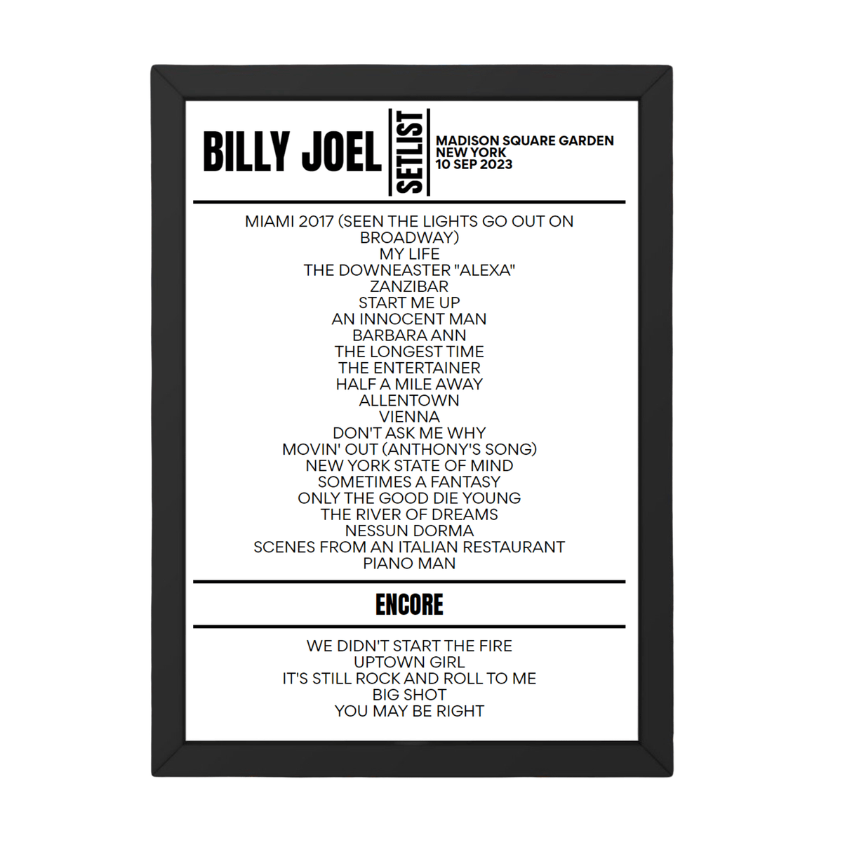 Billy Joel Madison Square Garden New York September 10, 2023 Setlist Poster - Setlist