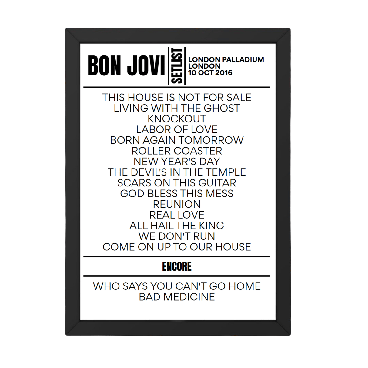 Bon Jovi Setlist 10-10-2016-London - Setlist