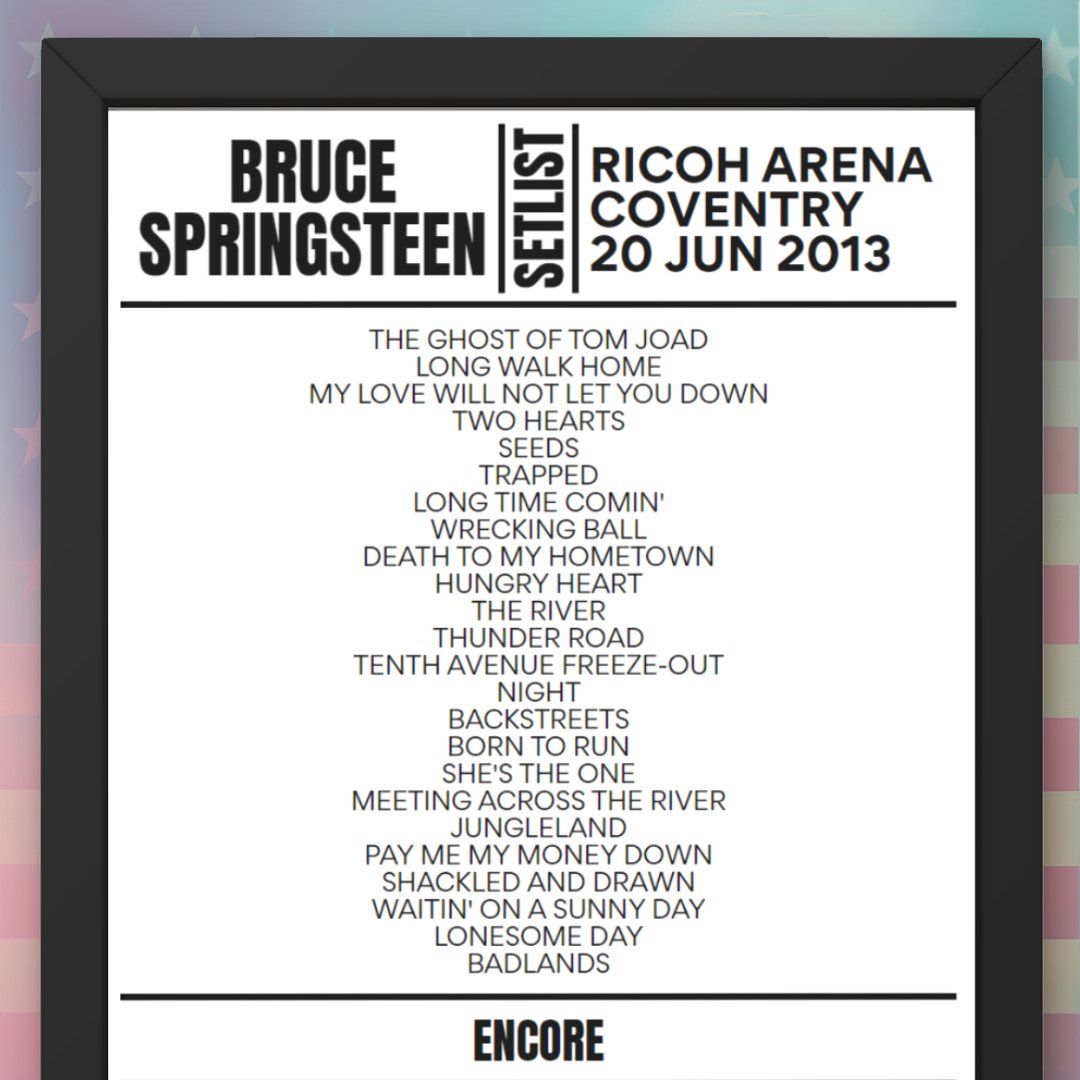 Bruce Springsteen Coventry June 20, 2013 Replica Setlist - Setlist