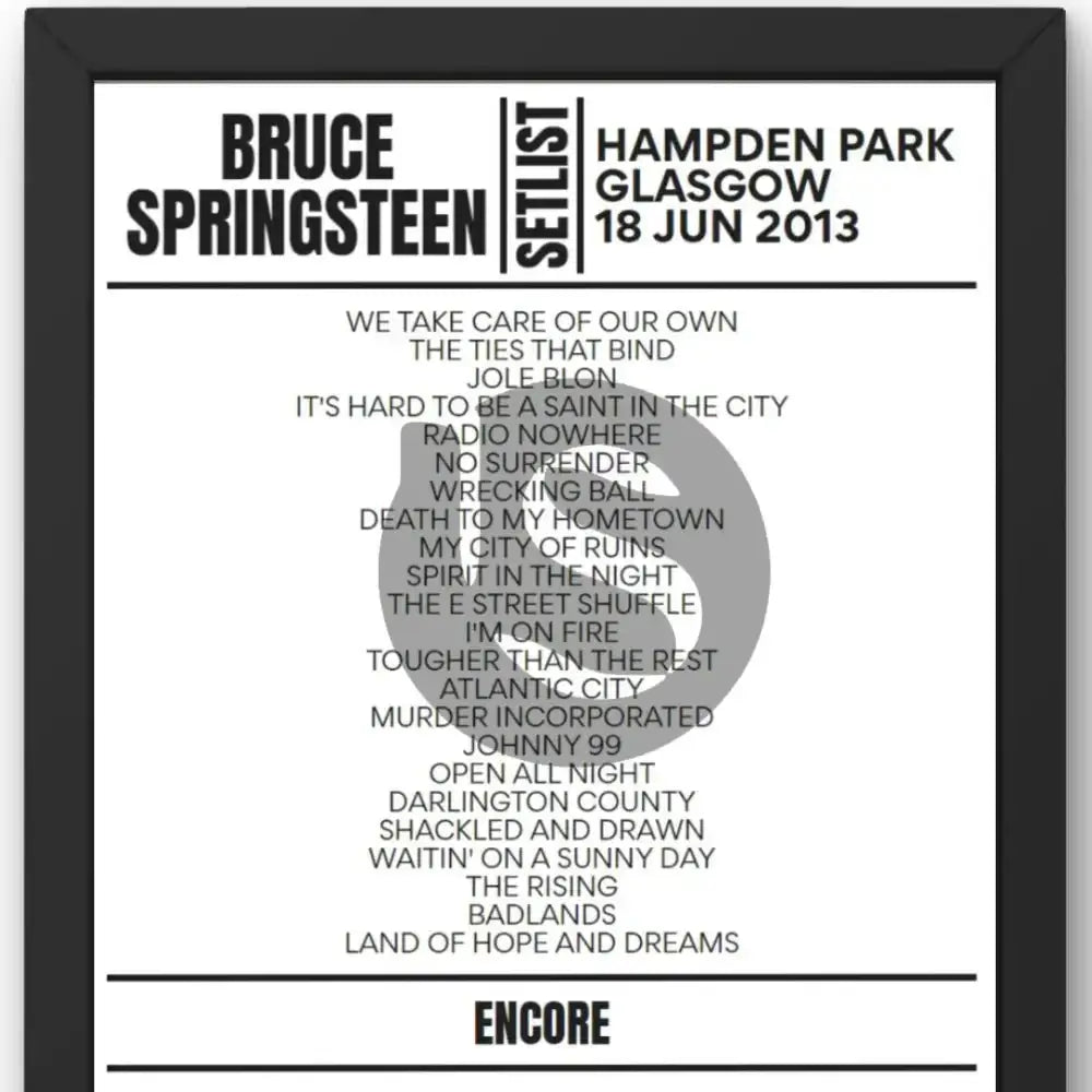 Bruce Springsteen Glasgow June 2013 Replica Setlist - Setlist