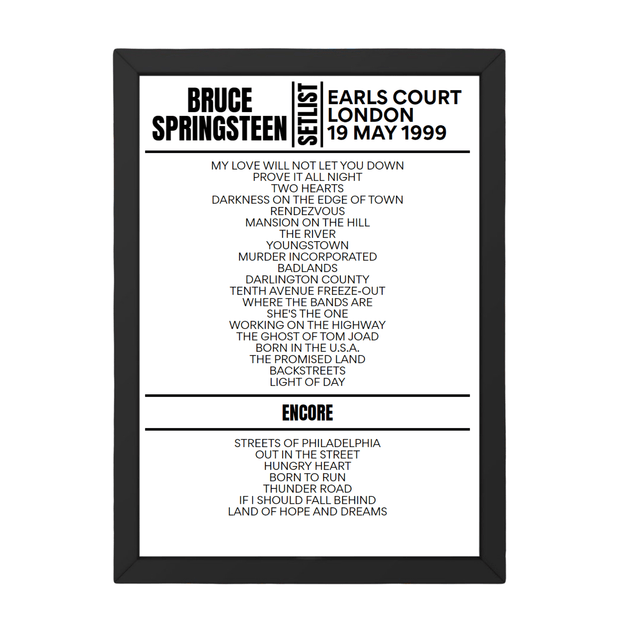 Bruce Springsteen London 19 May 1999 Replica Setlist - Setlist