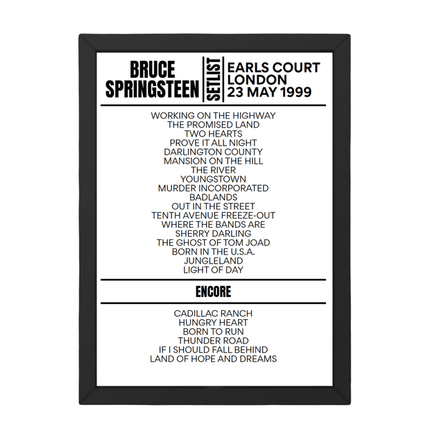 Bruce Springsteen London 23 May 1999 Replica Setlist - Setlist