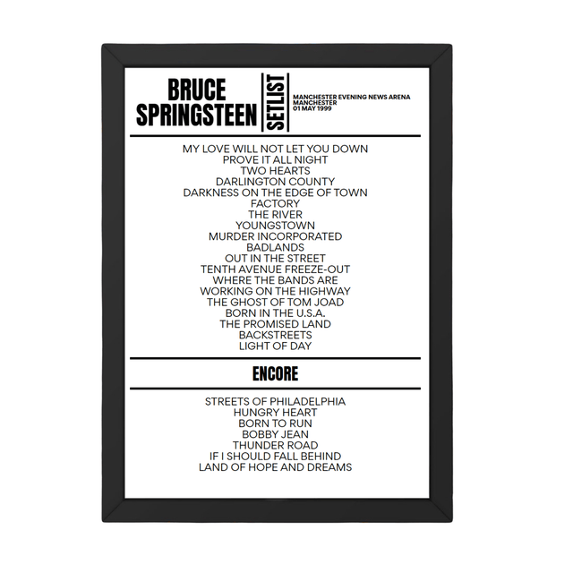 Bruce Springsteen Manchester 01 May 1999 Replica Setlist - Setlist