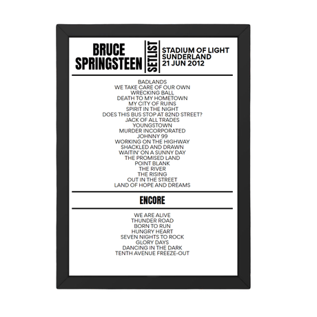 Bruce Springsteen Sunderland June 21, 2012 Replica Setlist - Setlist