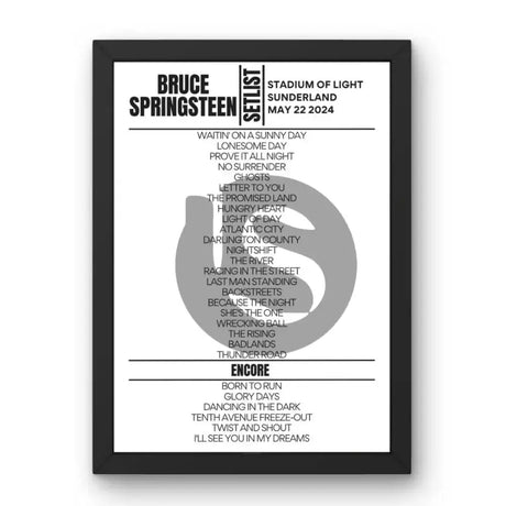 Bruce Springsteen Sunderland May 2024 Replica Setlist - Classic Design - Setlist