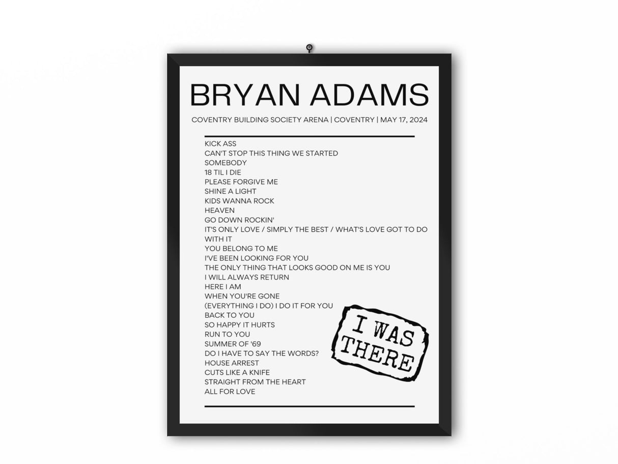 Bryan Adams Coventry Building Society Arena Coventry May 17, 2024 Replica Setlist - Setlist