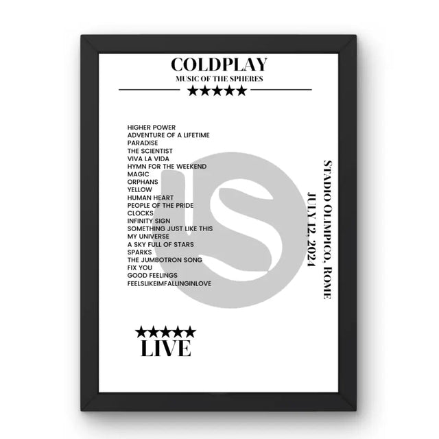 Coldplay July 12, 2024 Stadio Olimpico Rome Setlist Poster - Setlist