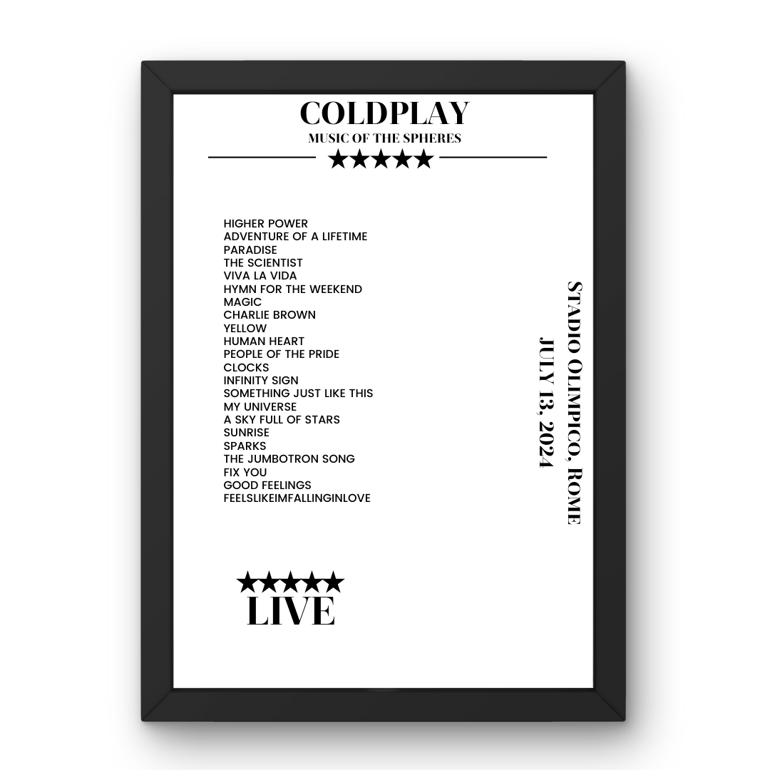 Coldplay July 13, 2024 Stadio Olimpico Rome Setlist Poster - Setlist