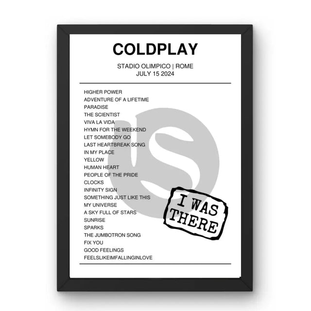 Coldplay July 15, 2024 Stadio Olimpico Rome Setlist Poster - Setlist