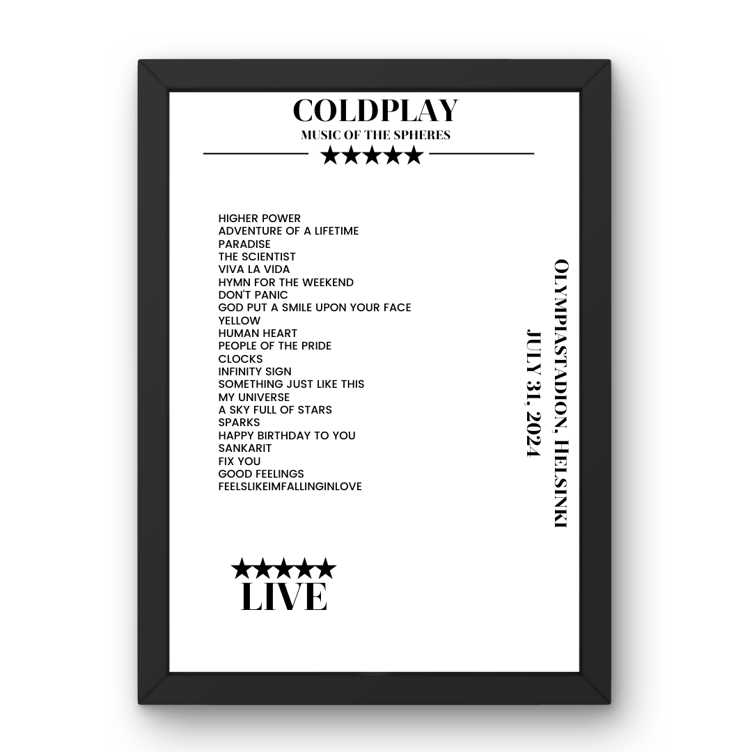 Coldplay July 31, 2024 Olympiastadion Helsinki Setlist Poster - Setlist