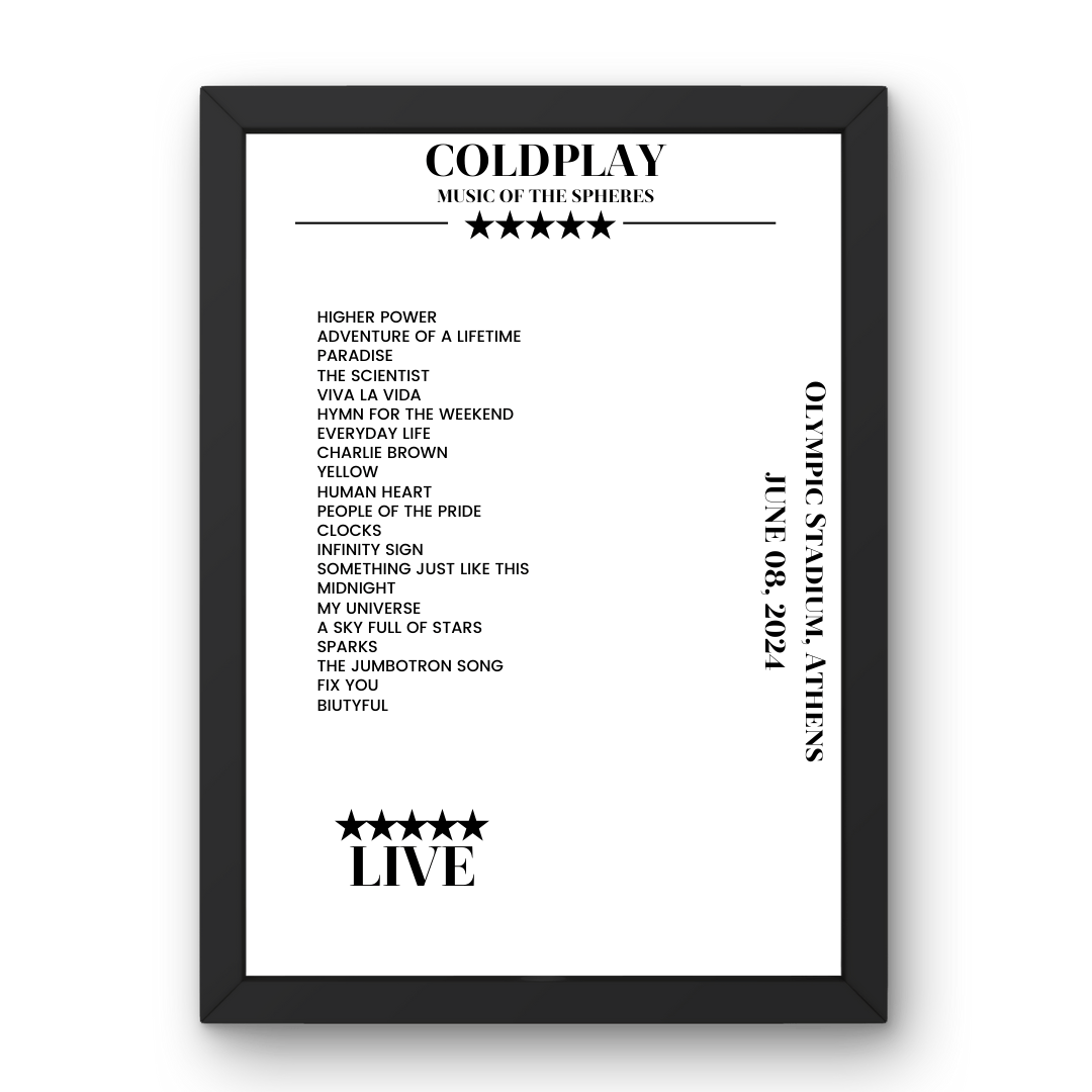 Coldplay June 08, 2024 Olympic Stadium Athens Setlist Poster - Setlist