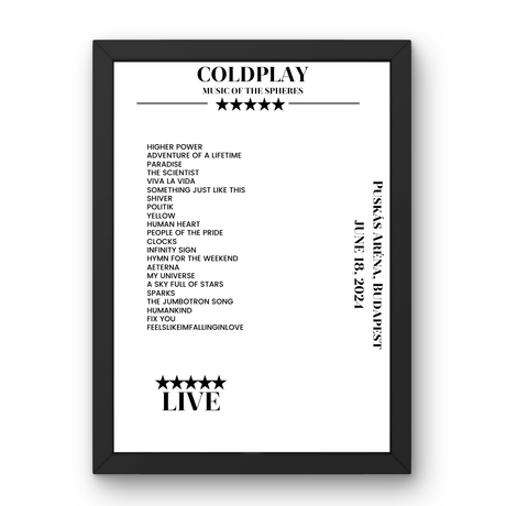 Coldplay June 18, 2024 Puskás Aréna Budapest Setlist Poster - Setlist