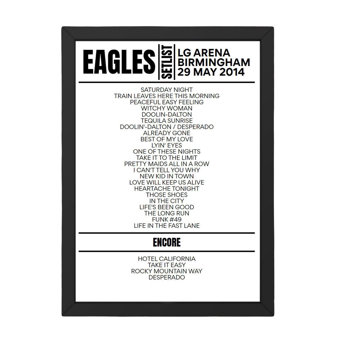 Eagles Birmingham May 29, 2014 Replica Setlist - Setlist