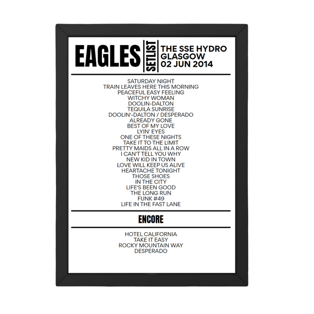 Eagles Glasgow June 2, 2014 Replica Setlist - Setlist