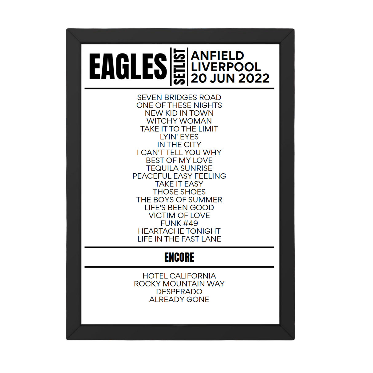 Eagles Liverpool June 20, 2022 Replica Setlist - Setlist