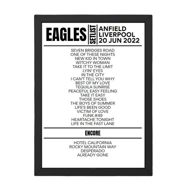 Eagles Liverpool June 20, 2022 Replica Setlist - Setlist