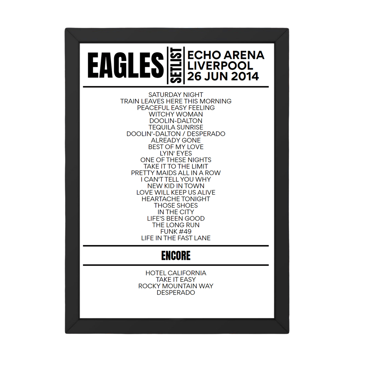 Eagles Liverpool June 26, 2014 Replica Setlist - Setlist